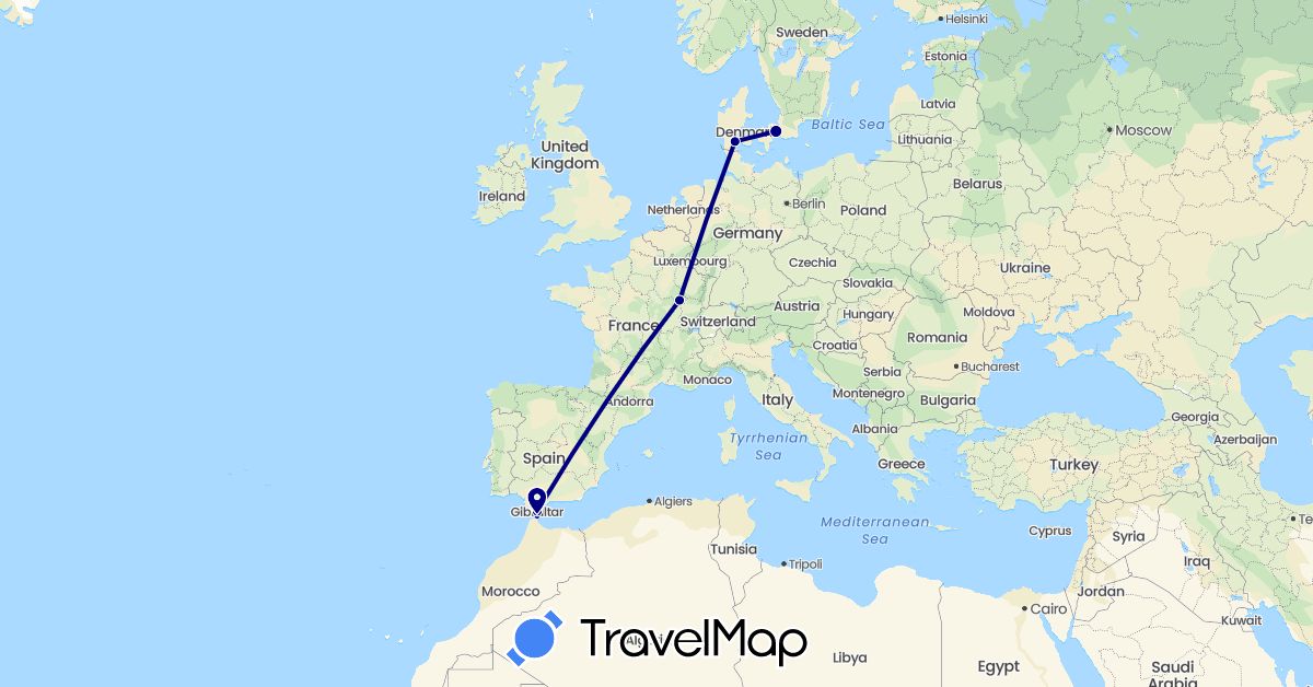 TravelMap itinerary: driving in Denmark, France, Gibraltar, Morocco (Africa, Europe)